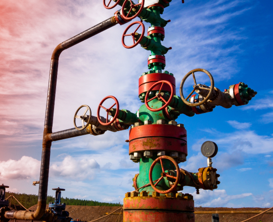 Pressure valves at an oil derrick at sunset